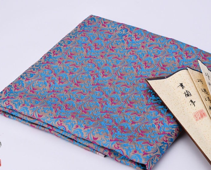 Fuchsia & Blue Brocade Fabric: Reversible Woven Damask, Wheat Pattern