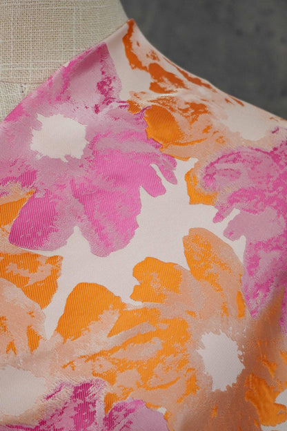 Floral Jacquard Brocade Fabric: Orange Pink Flower Pattern, 65" Wide