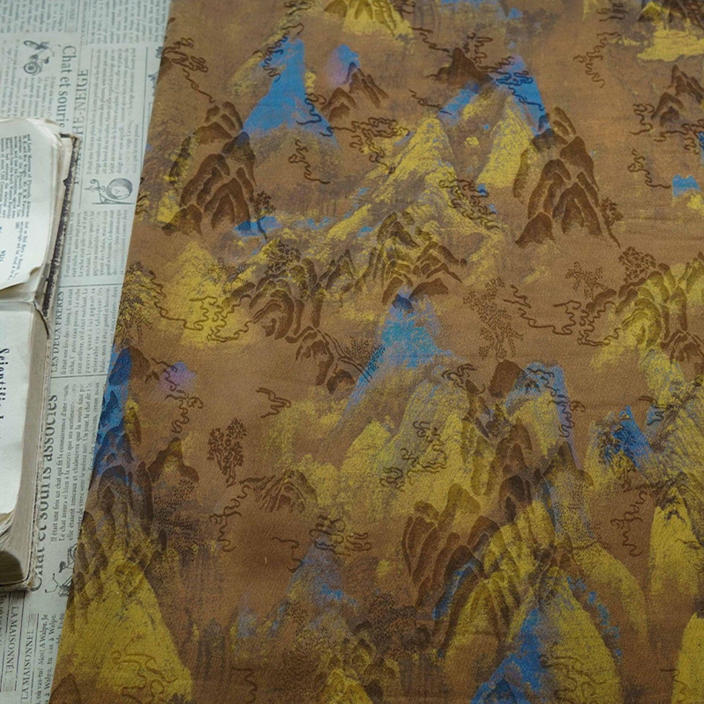 Ancient Painting Tea Silk Satin Fabric: 59"W Upholstery, Costume, Drapery