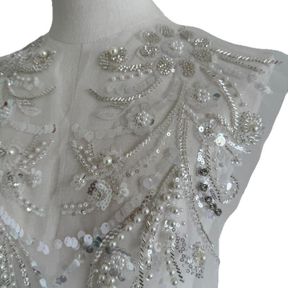 Embroidered Lace Trim: Beaded Sequin Applique - Bridal Wedding Dress (By Pair)