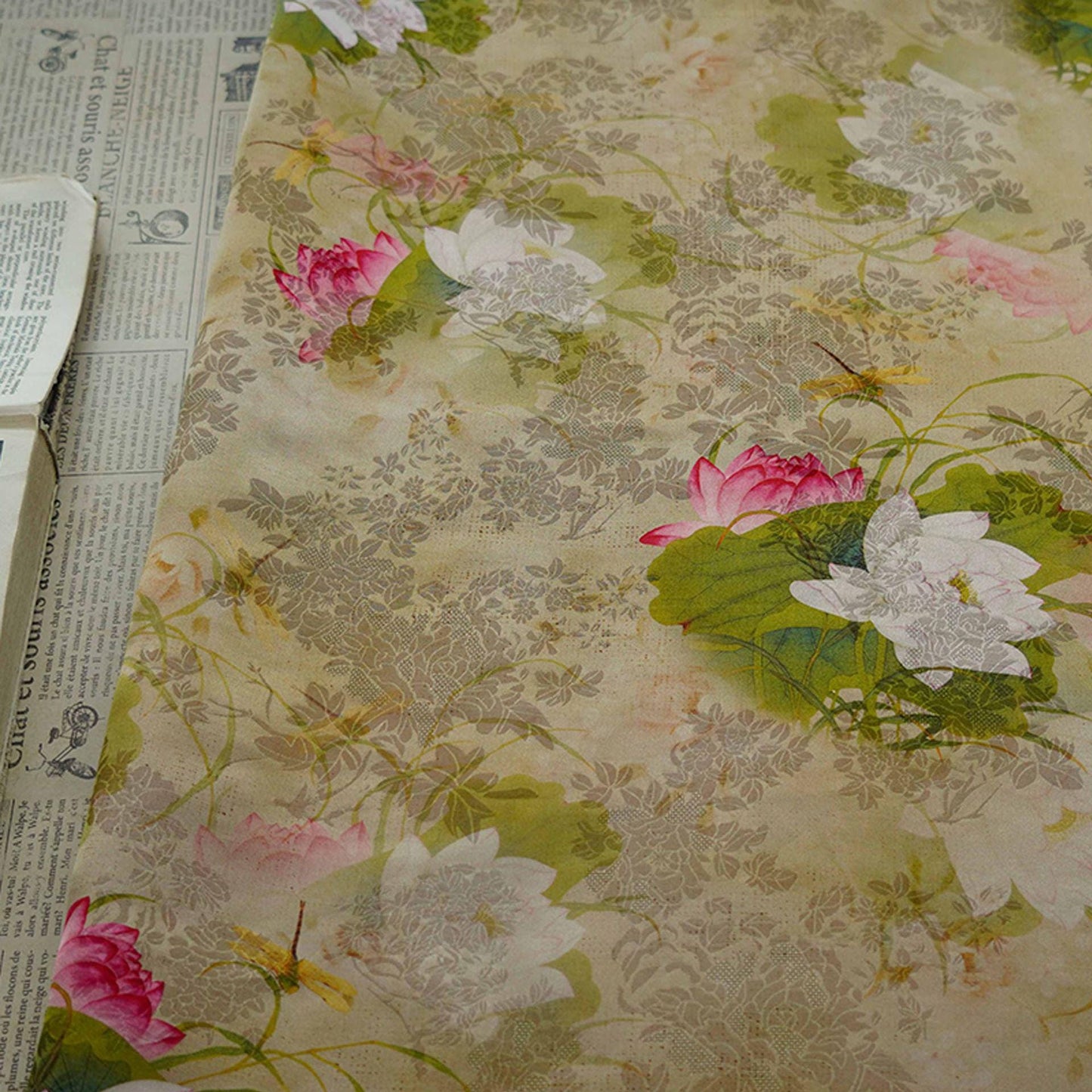Lotus Flower Tea Silk Satin Fabric: 55"W Digital Print