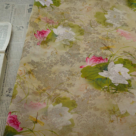 Lotus Flower Tea Silk Satin Fabric: 55"W Digital Print