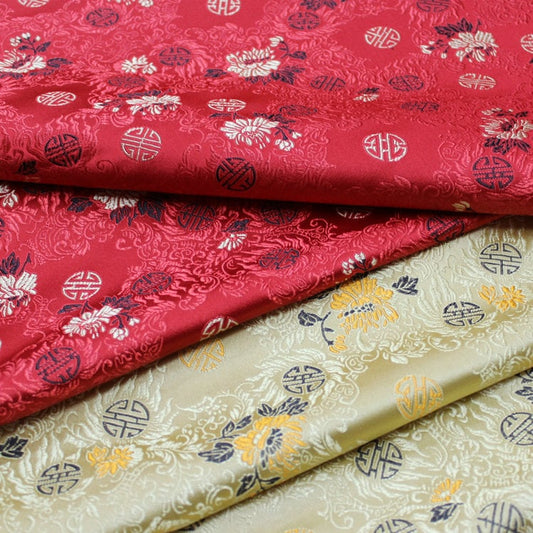 Tissu brocart chinois rouge et or | Motif Fu et Shou, 75 cm de large