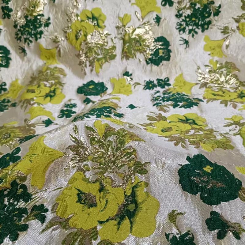 Gold Thread Jacquard Fabric: Green 3D Designer Upholstery, Costume & Sewing - 59"W