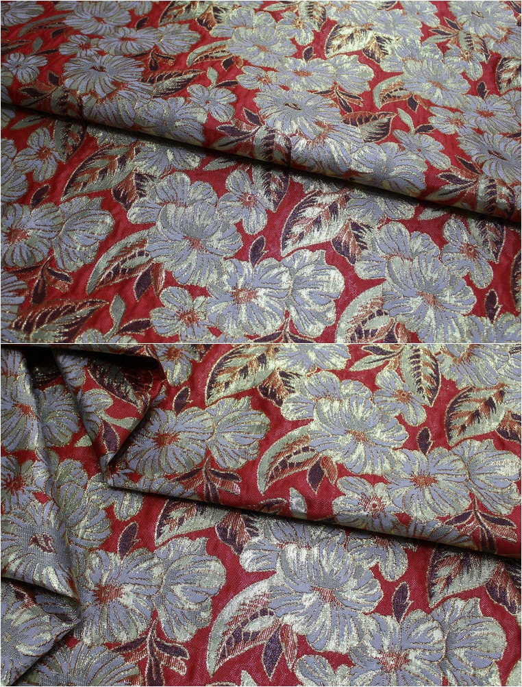 Metallic Peony Brocade Fabric: Red & Silver Floral, 29.5"W