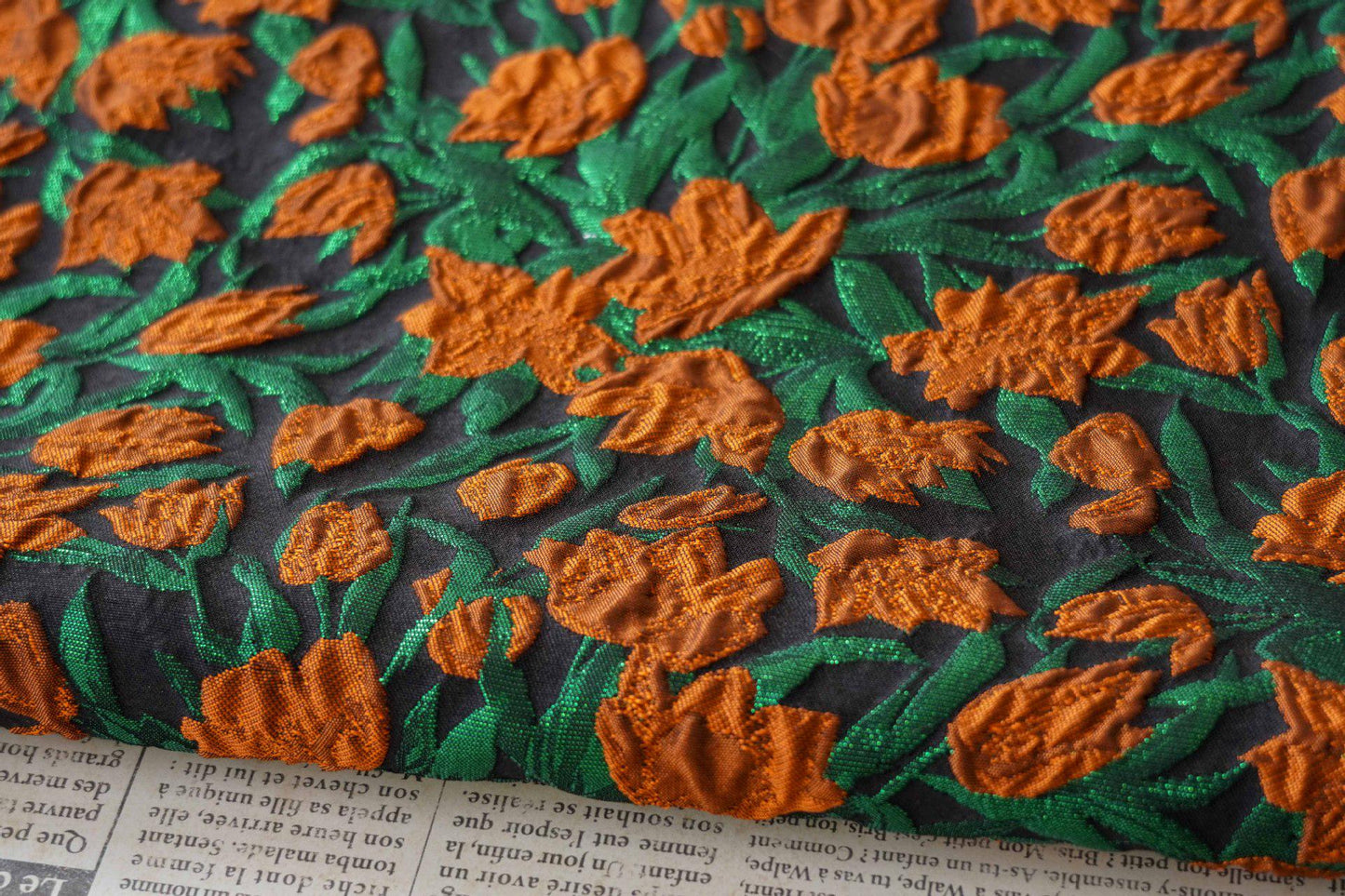 Orange Floral Jacquard Fabric: Gold Foil Upholstery & Sewing (56"W, 1 Meter)