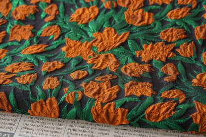 Orange Floral Jacquard Fabric: Gold Foil Upholstery & Sewing (56"W, 1 Meter)