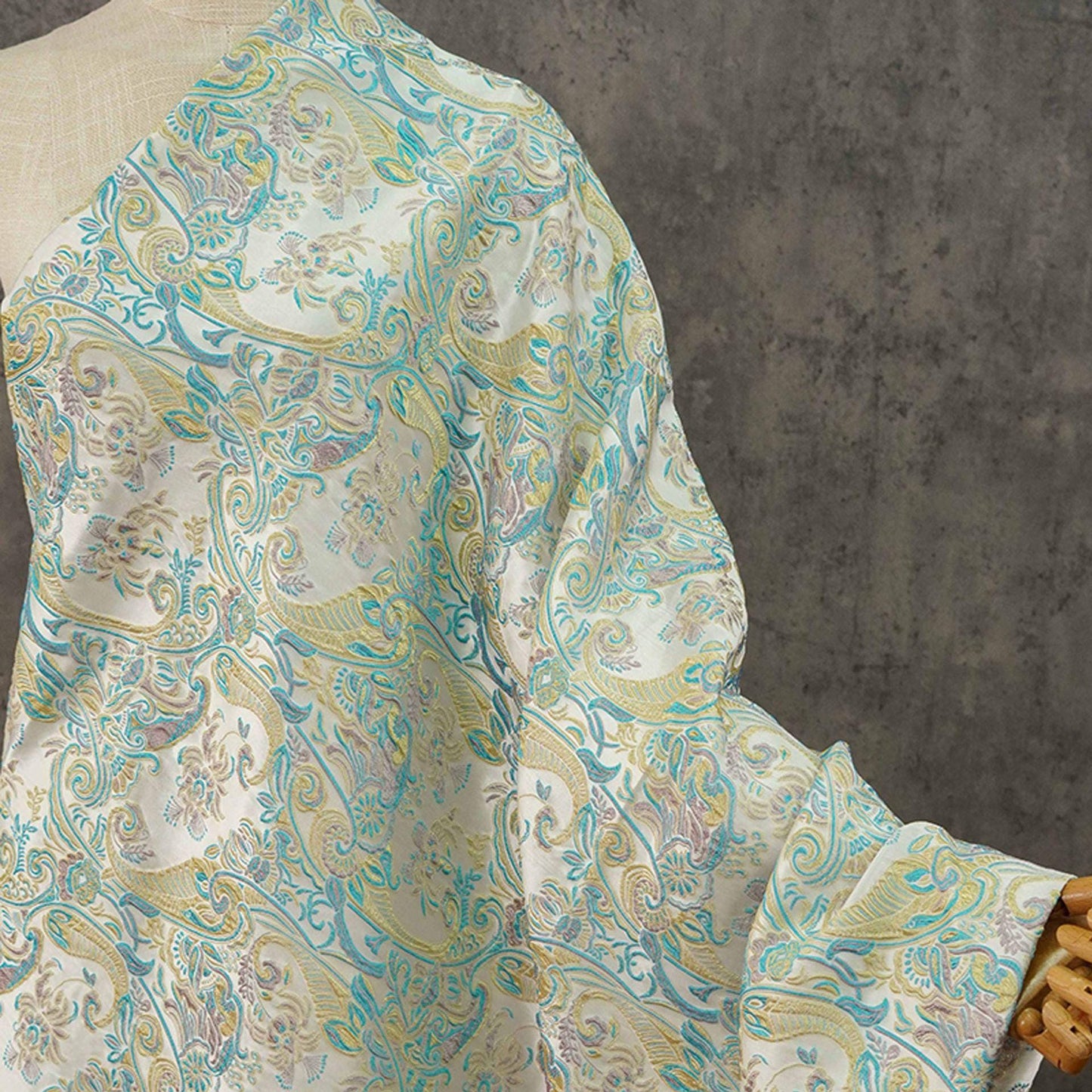 Blue & Yellow Embossed Jacquard Fabric, Palace Damask, 60"W, Meter