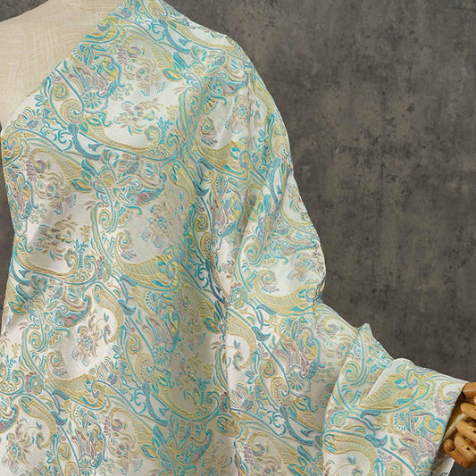 Blue & Yellow Embossed Jacquard Fabric, Palace Damask, 60"W, Meter