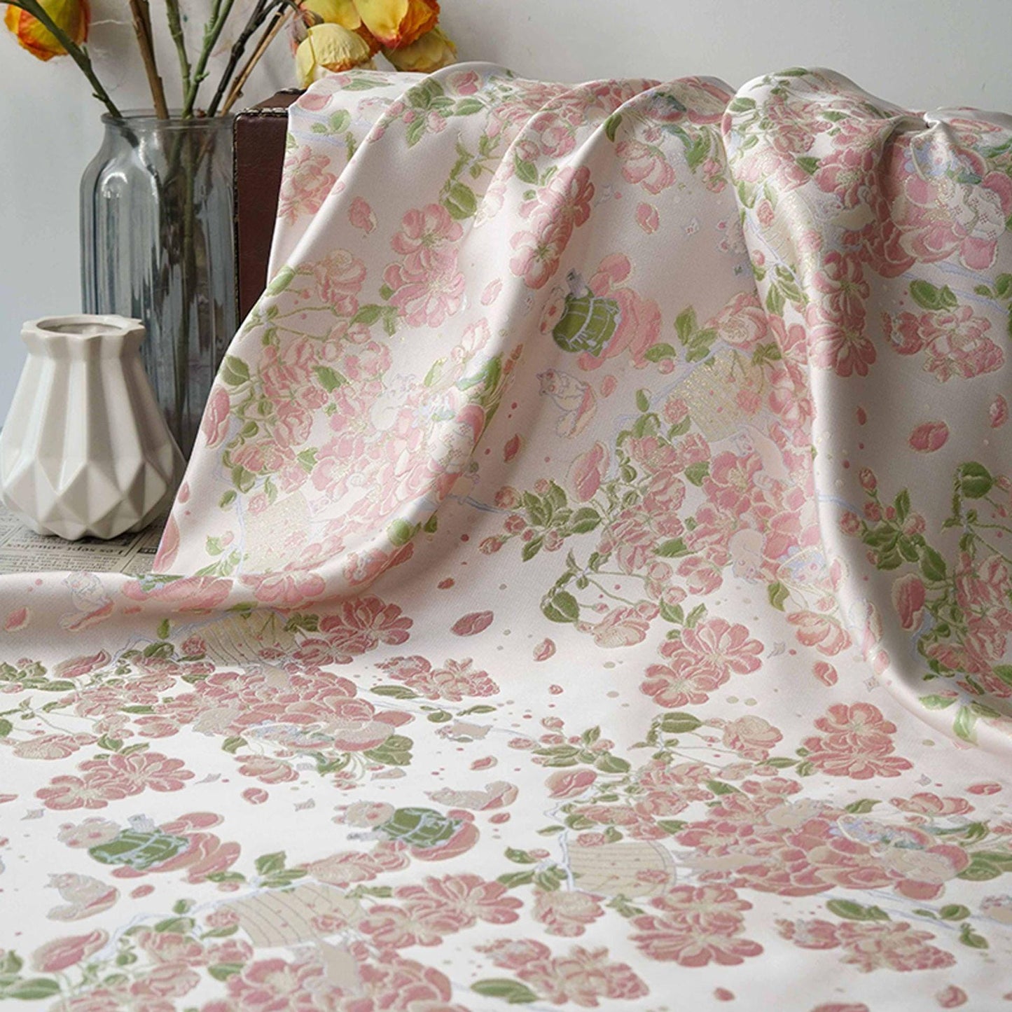 Peach Blossom Gold Thread Brocade Fabric | Luxury Floral Fabric, 65"W