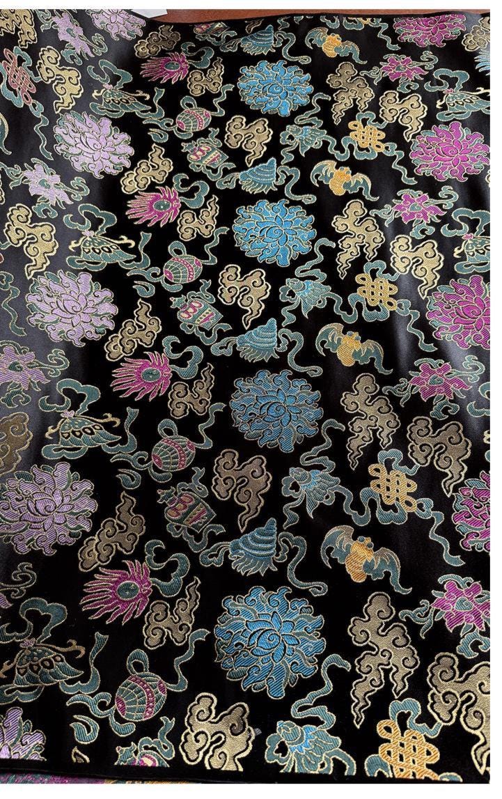 Black Brocade Jacquard Fabric: Gold Peony Floral Cloud - Oriental Dressmaking, Upholstery