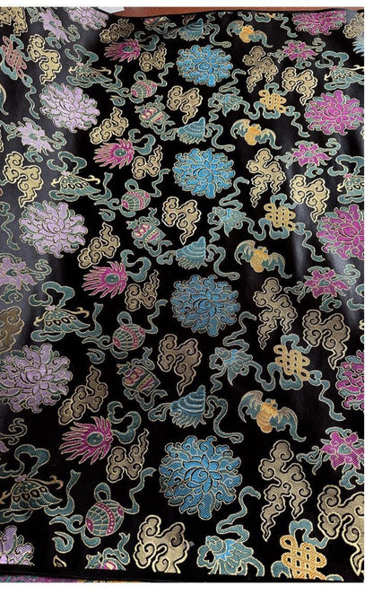 Black Brocade Jacquard Fabric: Gold Peony Floral Cloud - Oriental Dressmaking, Upholstery