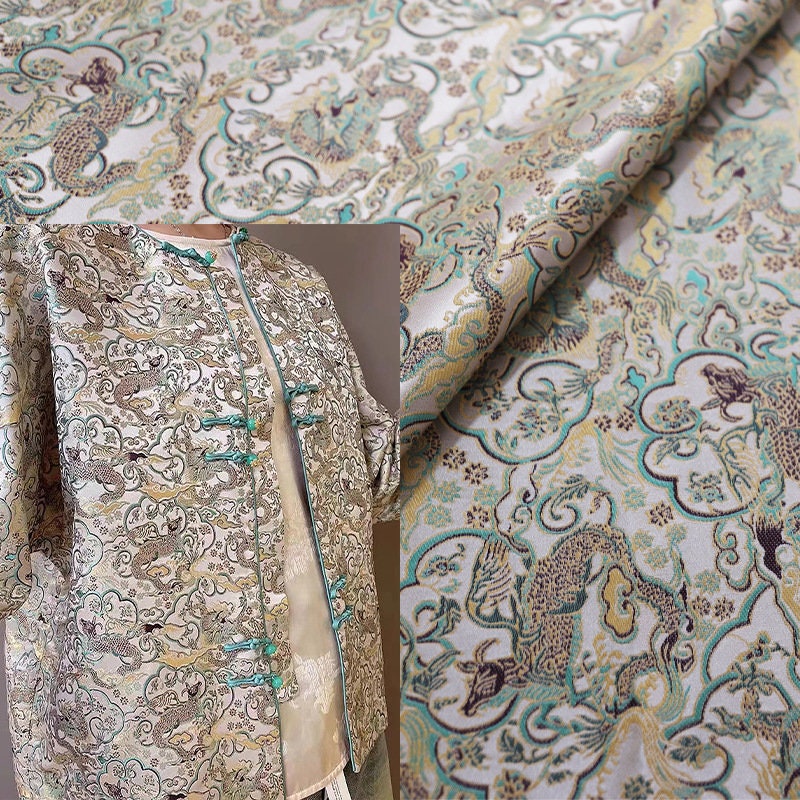 Tissu brocart Dragon Argenté : 150 cm de large, rayonne, matériau de couture