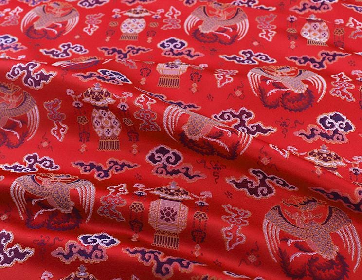 Tissu à motif tibétain Bada : revêtement de cheongsam rouge, décoration de costume (59 po de large)