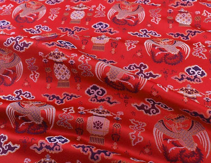 Tissu à motif tibétain Bada : revêtement de cheongsam rouge, décoration de costume (59 po de large)