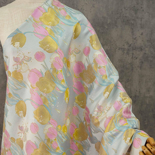 Gold Tulip Jacquard Fabric: 59"W Upholstery & Drapery