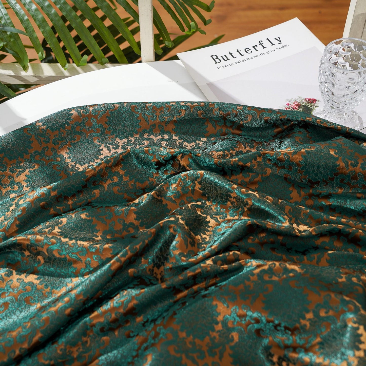 Japanese Kinran Brocade Fabric: Teal & Gold Floral, 29.5"W, By The Meter