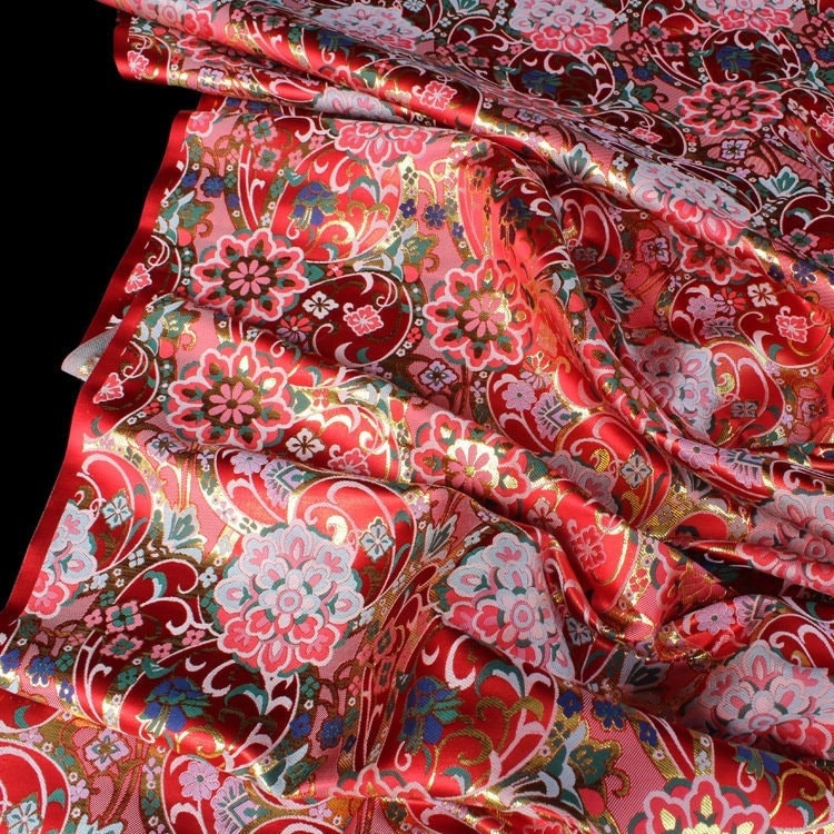 Gold Thread Kinran Fabric: Japanese Style Floral Upholstery, Costume, Decor - 29.5" Wide