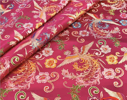 Tissu satin jacquard Phoenix Peony : brocart de soie bleu, 150 cm de large