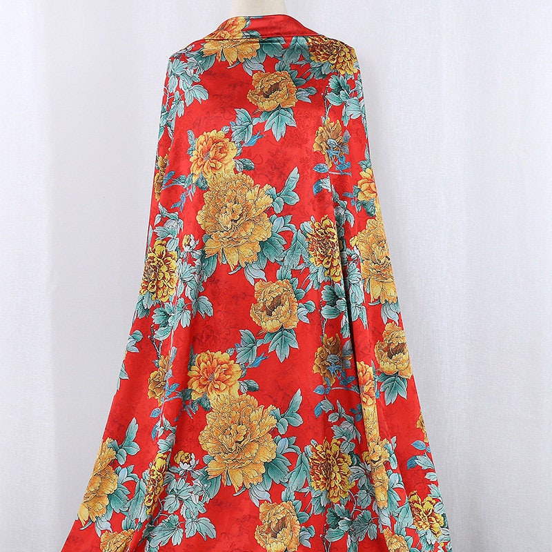 Blooming Tea Satin Silk Fabric: 59"W Floral Print Sewing Material