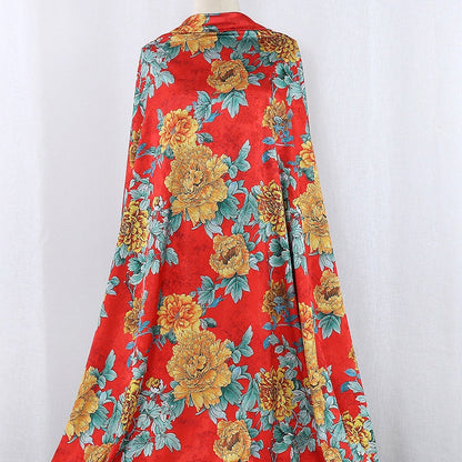 Blooming Tea Satin Silk Fabric: 59"W Floral Print Sewing Material