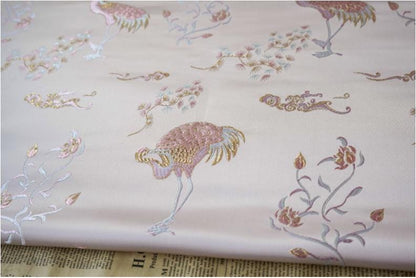 Metallic Brocade Fabric: Damask Jacquard Satin with Crane Design - 57"W
