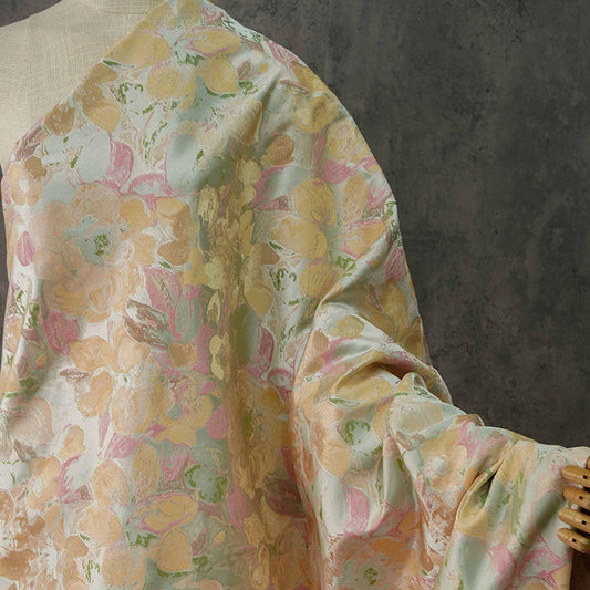 Floral Jacquard Fabric: Soft Oil Painting Style, Gold Accents, 62" Wide