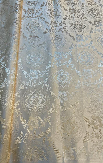 Milky White Silk Brocade Fabric: Metallic Dunhuang Pattern, 29.5" Wide