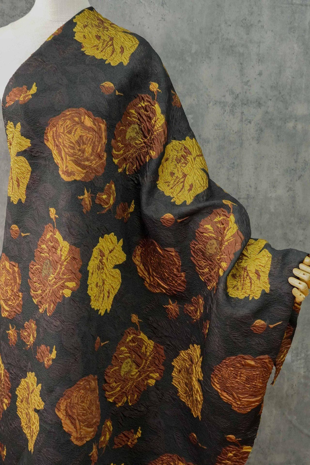 Embossed Jacquard Fabric: Retro 3D Yellow Brown Upholstery, Dress, Curtain - 53"W