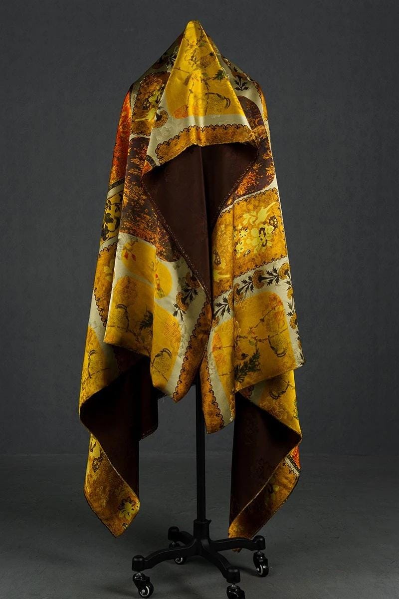 Ancient Dunhuang Tea Silk Satin Fabric: Floral Print, 59" Wide