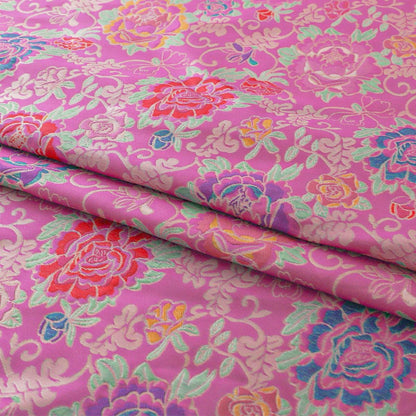Hot Pink Floral Brocade Fabric: Gold Thread Kimono Nishijin (59"W)