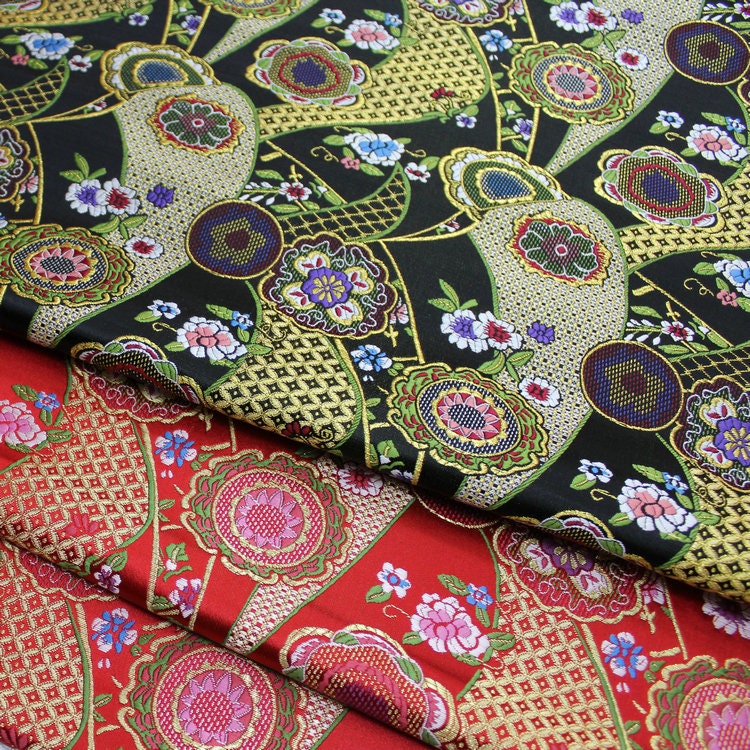 Nishijin Japanese Floral Jacquard Brocade Fabric: Black and Red Silk Rayon Blend (29.5" Width)