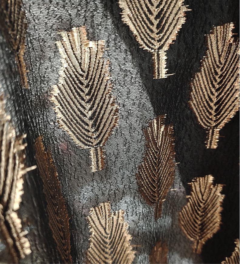 Black Jacquard Fabric: 3D Gold Thread Leaf Design, 59" Wide