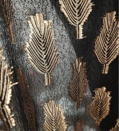 Black Jacquard Fabric: 3D Gold Thread Leaf Design, 59" Wide