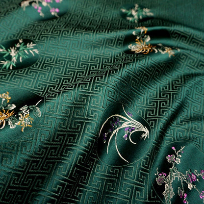 Floral Silk Brocade Fabric: Chinese Plum, Orchid, Bamboo - 29.5" Wide
