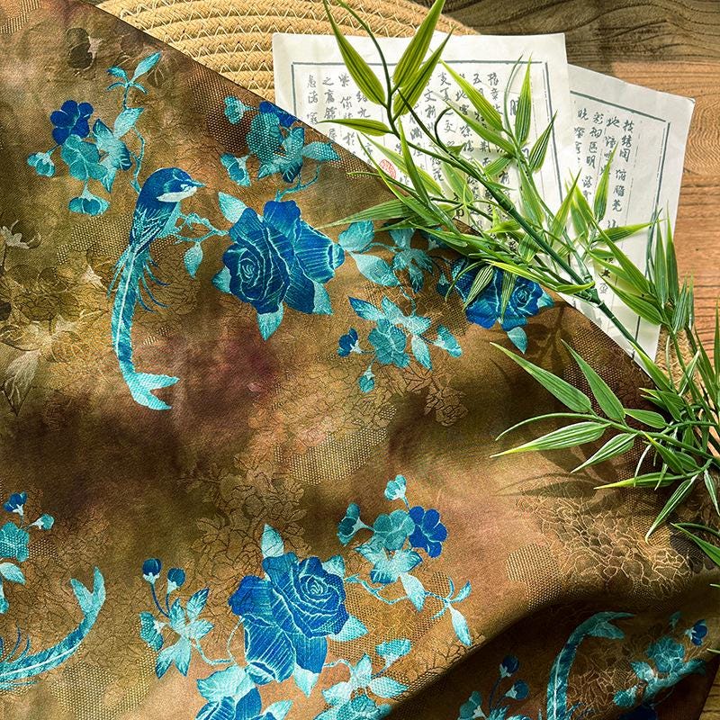 Floral Brocade Fabric ��� Blue Gold Rayon Silk Ble" Wide