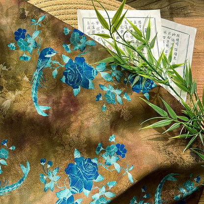 Floral Brocade Fabric ��� Blue Gold Rayon Silk Ble" Wide