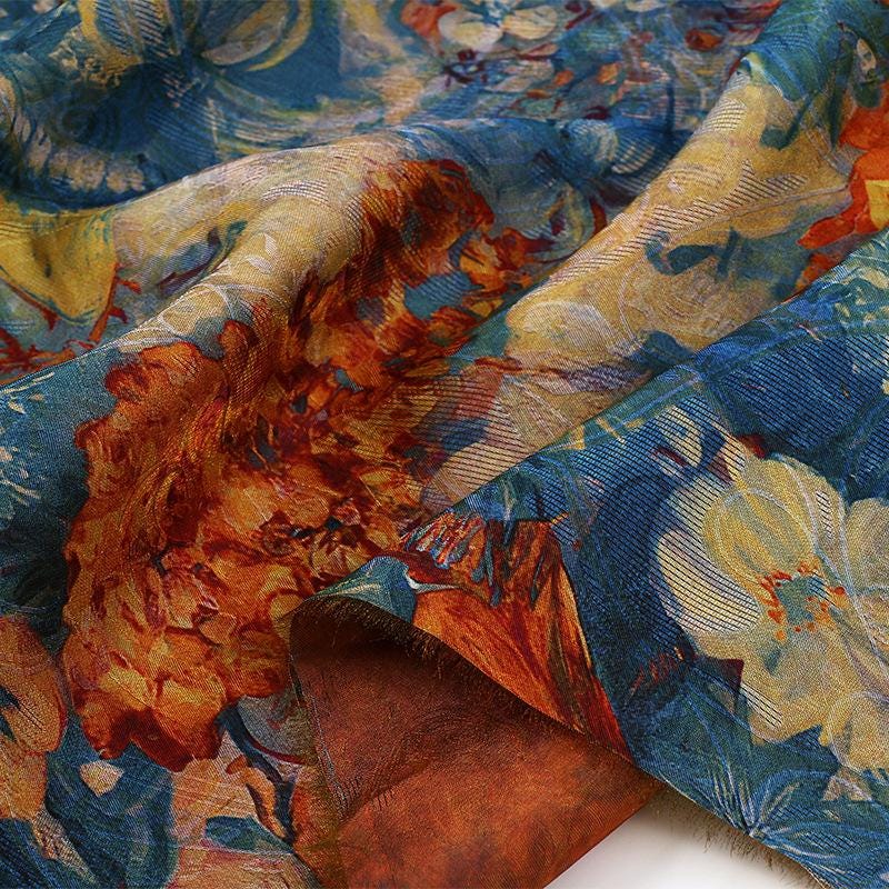 Oil Painting Style Floral Print Shiny Rayon Jacquard Fabric by the Yard, 59" Wide