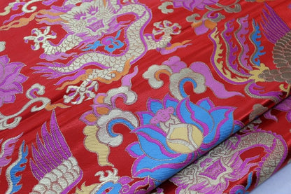 Red Dragon Brocade Fabric: Chinese Mongolian Style Silk Rayon Jacquard