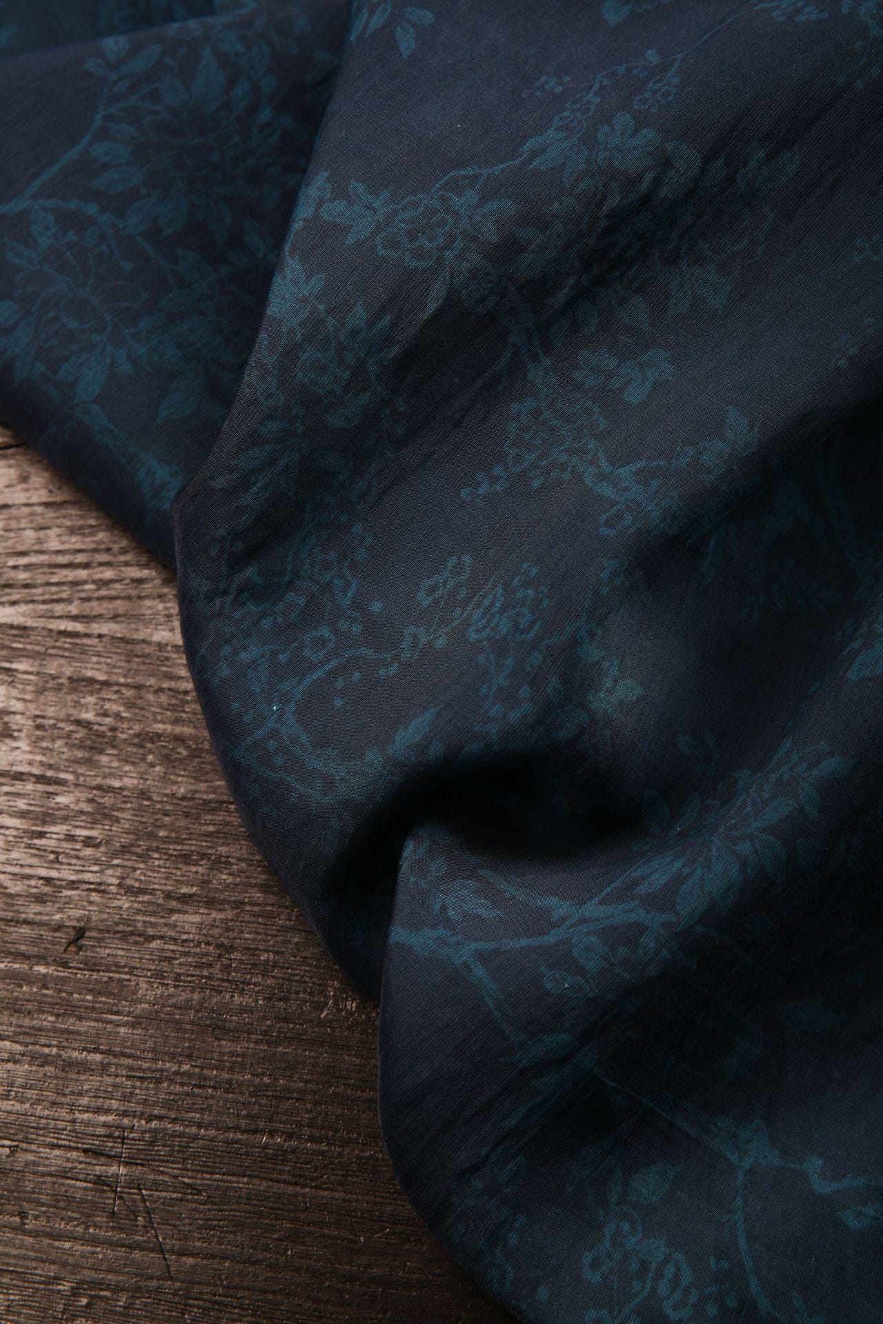 Dark Blue Floral Tencel Ramie Fabric: Sewing Material By Meter