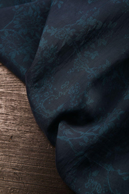 Dark Blue Floral Tencel Ramie Fabric: Sewing Material By Meter