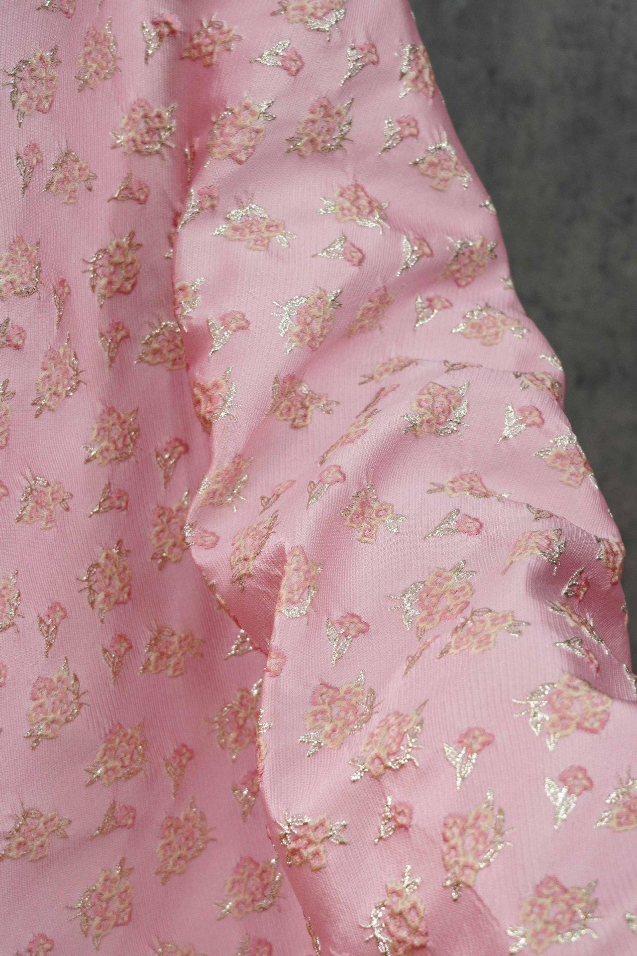 Pink Floral Jacquard Fabric: Gold Thread Brocade, Luxury Dressmaking Fabric
