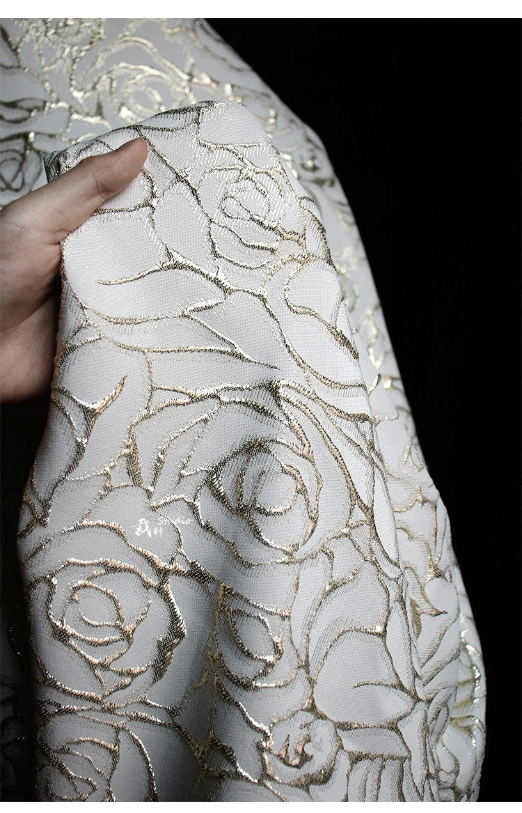 Gold Thread Rose Jacquard Fabric: 3D Texture Designer Sewing, 55" Wide