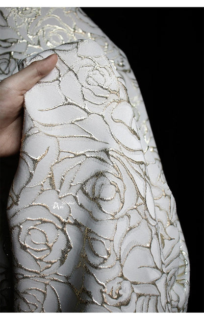 Gold Thread Rose Jacquard Fabric: 3D Texture Designer Sewing, 55" Wide