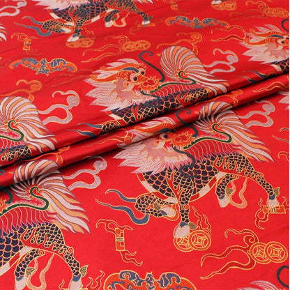 Tissu brocart de soie Kirin : Jacquard noir et rouge, 74 cm de large