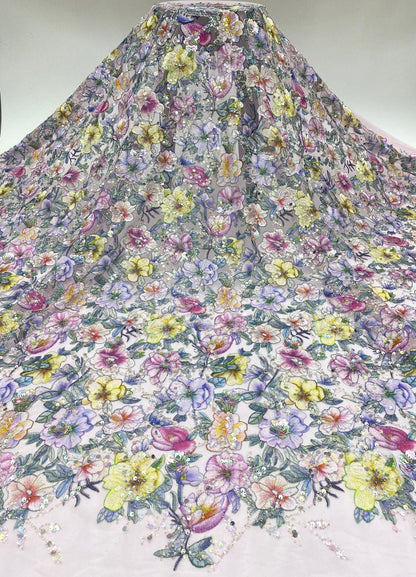 Tissu à sequins brodé de roses : Polyester à motifs floraux colorés