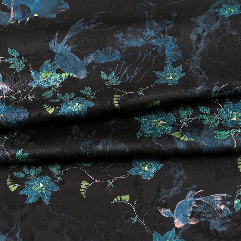 Floral Tea Silk Satin Fabric: Ancient Tuberose Print, 59" Wide