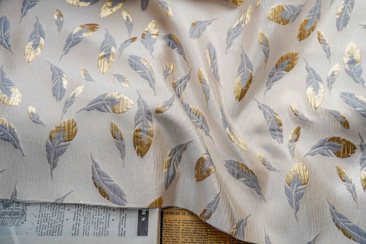 Gold Thread Jacquard Fabric: 3D Feather Design, 56" Wide