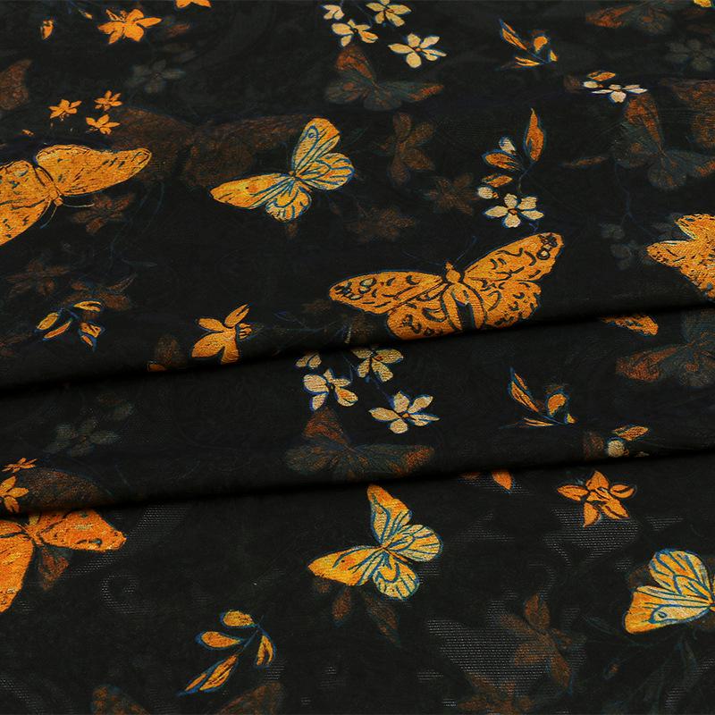 Black Base Butterfly Print Lustrous Rayon Silk Jacquard Fabric - 59" Wide