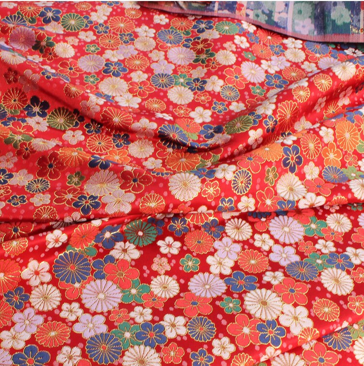 Japanese KINRAN Floral Fabric: Black Silk Rayon Blend, 59" Wide